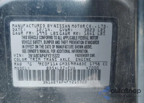 2015 Nissan Sentra Sv z USA, uszkodzony, nr VIN 3N1AB7AP4FY215322